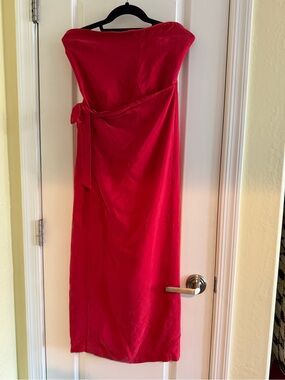 Self Contrast Red Strapless Satin Wrap Maxi Dress Smocked Back S/M